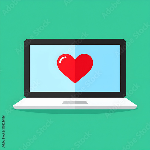 Minimalist vector illustration of a laptop with a red heart displayed on the screen, symbolizing online love, digital romance, or virtual relationships. Ideal for dating apps, websites, and tech-theme