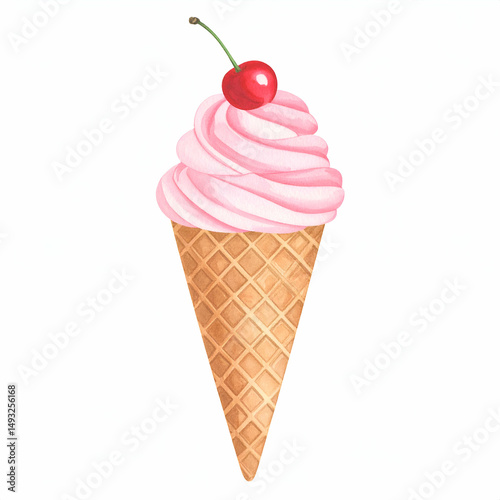 Delicious watercolor illustration of a pink ice cream swirl in a waffle cone, topped with a bright red cherry. This sweet and charming design is perfect for dessert-themed projects, or packaging. 