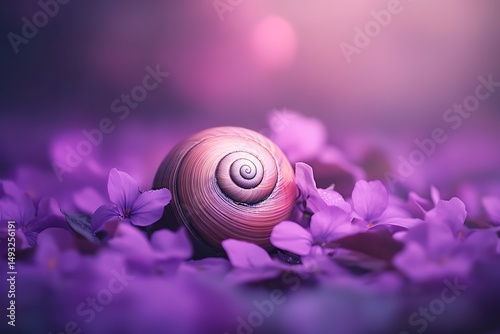 A snail shell's spiral beauty rests gently amongst vibrant purple flowers in a serene springtime scene