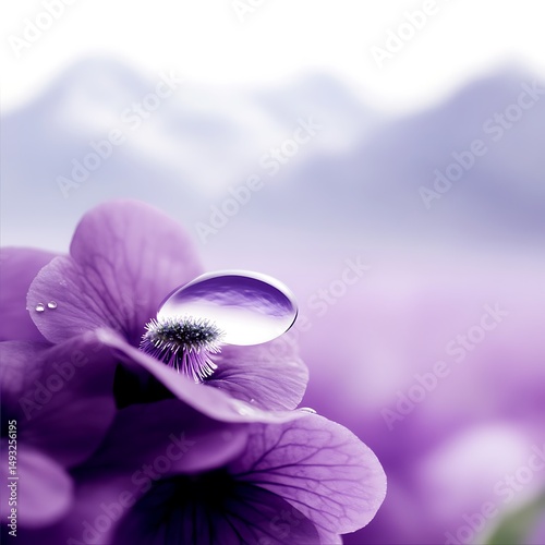 Waterdrop on Purple Flower Petals Reflecting Mountain Landscape Close up Macro Shot of Nature's Beauty