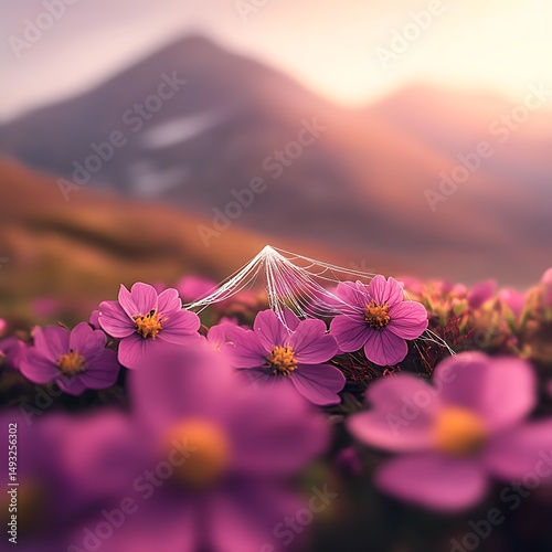 Delicate Spiderweb Over Vibrant Pink Flowers at Sunrise Mountain Landscape