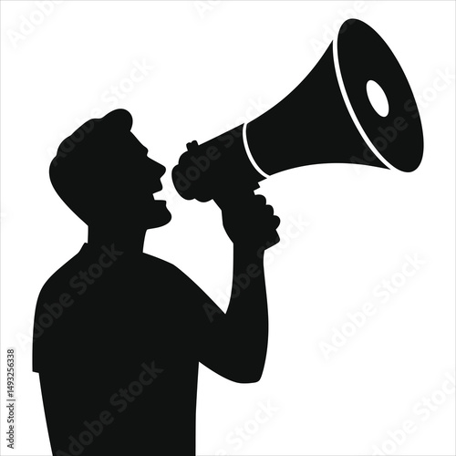 Vector Silhouette of a person shouting into a megaphone/A bold silhouette of a person shouting into a megaphone against a plain white background.