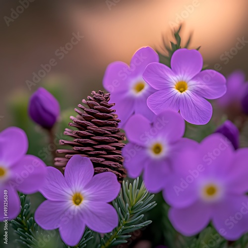 Purple Flowers and Pine Cone in Soft Sunset Light Nature's Gentle Beauty