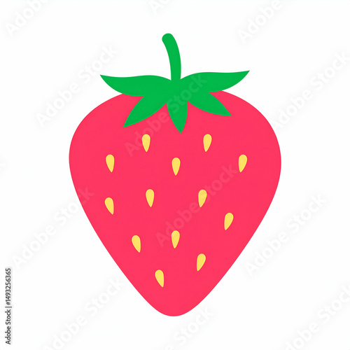 Bright and simple illustration of a strawberry with green leaves and yellow seeds on a white background. Perfect for children's designs, prints, and educational materials.
