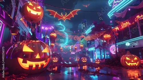 Wallpaper Mural Cyberpunk Halloween Plaza with Giant Glowing Jack-o'-Lanterns and Neon Lights
 Torontodigital.ca