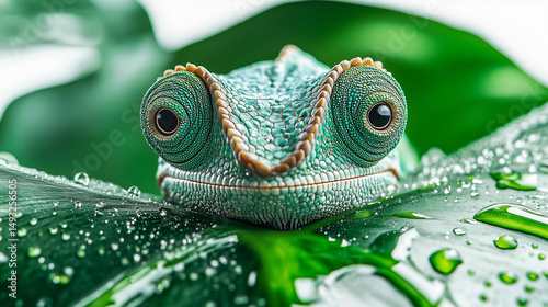 Green chameleon sits on top of green leaf and looks at camera. Bright chameleon close-up on juicy green leaf with water drops. Tropical animals