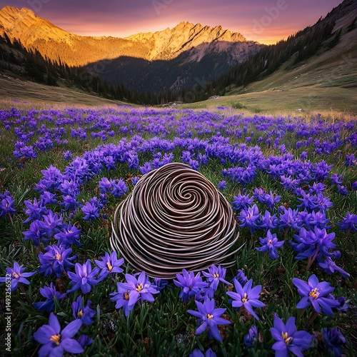 Serene Sunset Spiral Art in a Vibrant Wildflower Meadow