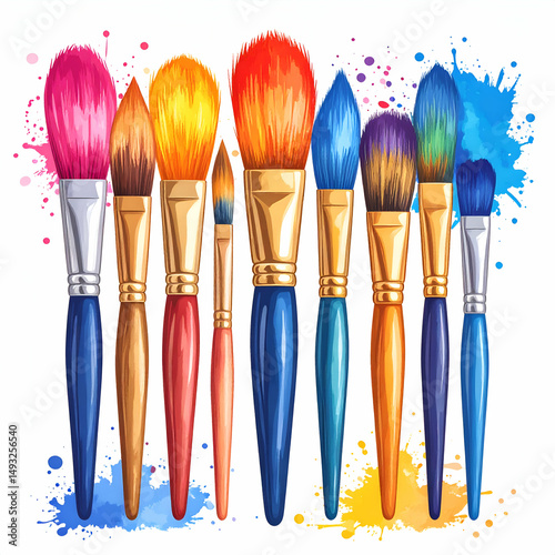 Colorful set of artistic paintbrushes with vibrant splashes on white background. Perfect for design, art, creativity, and painting-themed projects.
