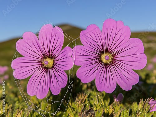 Two Purple Alpine Flowers Adorned by a Delicate Morning Dew Covered Spiderweb