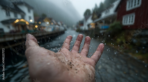 Cinematic First-Person Shot of Hand Reaching into the Rain in a Quiet Mountain Town – Emotional Moody Scene with Realistic Lighting and Dramatic Atmosphere