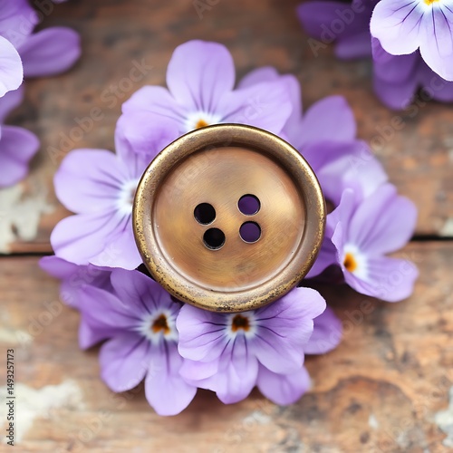 Antique Brass Button Surrounded by Delicate Purple Flowers on Rustic Wooden Background
