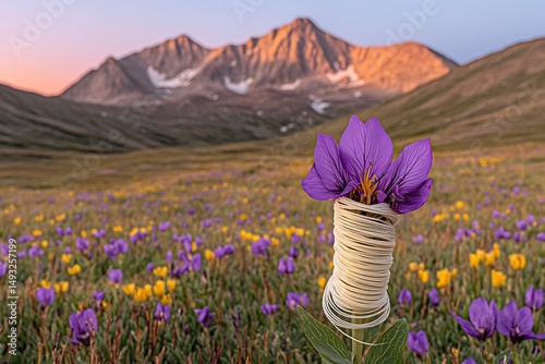 Wildflower Meadow at Sunset with Mountains in Background Purple Flower Wrapped in String
