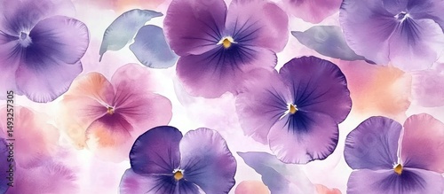 Watercolor floral pattern of pansies in varying shades of purple and pink