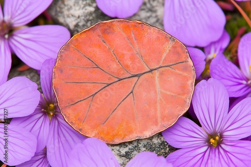 Artistic Copper Leaf Shaped Ornament Resting on Purple Flowers Nature Inspired Jewelry Design