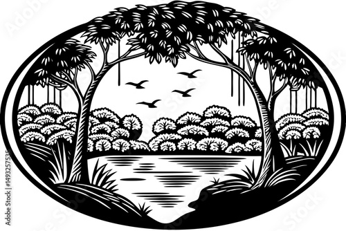 Hidden lagoon surrounded by lush jungle and birds vector illustration