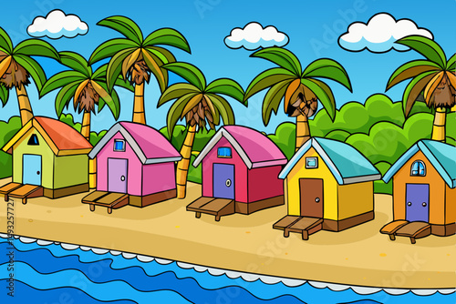 Palm-lined beach with colorful huts along shore vector illustration