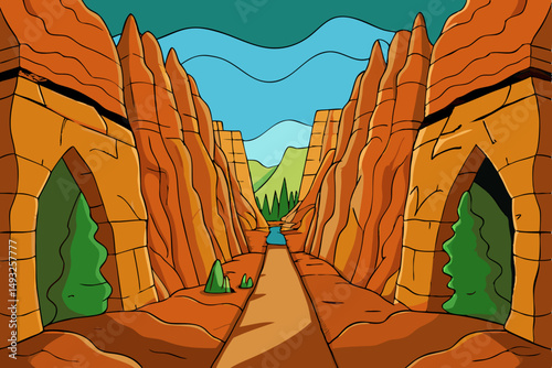 Narrow canyon leading to hidden cave vector illustration