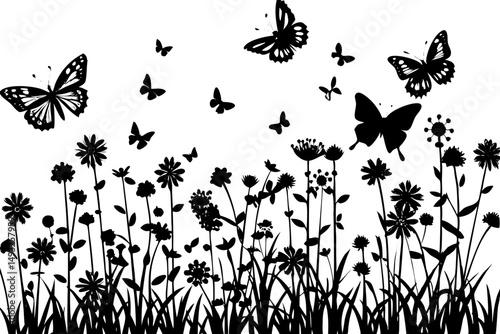 Colorful wildflower meadow with fluttering butterflies vector illustration