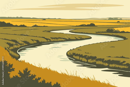 Winding river through vast golden plain vector illustration
