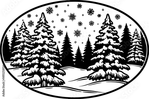 Winter pine forest with gentle snowfall vector illustration