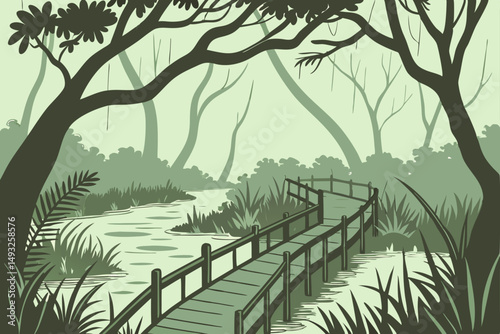 Flooded jungle with wooden walkways weaving through vector illustration