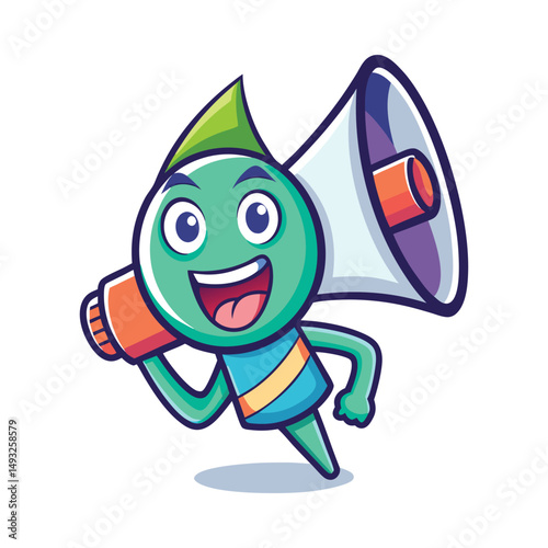 Happy cartoon mascot announcing with megaphone