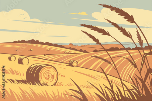 Golden autumn field with scattered hay bales vector illustration