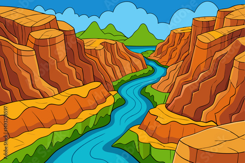 Winding river through deep canyon landscape vector illustration