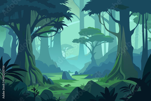 Misty rainforest with towering ancient trees vector illustration