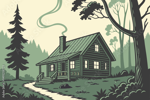 Remote cabin in deep forest with curling smoke vector illustration