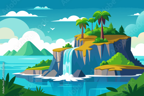 Remote island with waterfall cascading into sea vector illustration