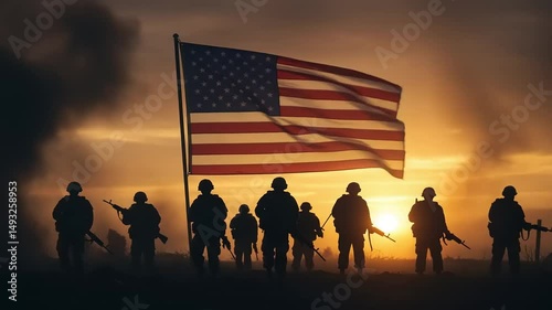 Silhouetted soldiers stand guard, flag waves.