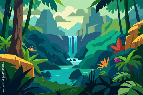 Dense jungle with hidden waterfall and exotic plants vector illustration