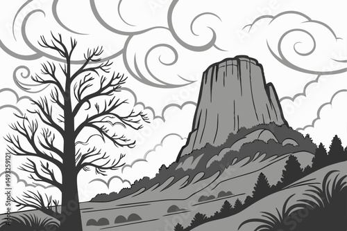 Dramatic rock formation surrounded by mist and clouds vector illustration