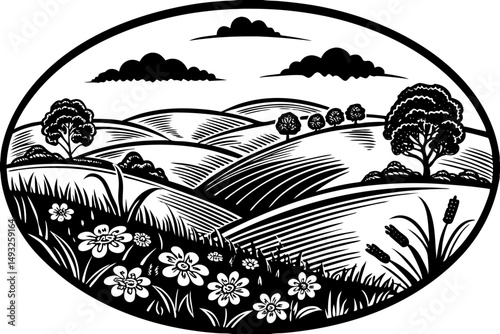 Fairytale landscape with rolling green hills vector illustration