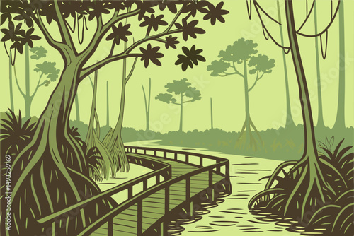 Flooded jungle with wooden walkways vector illustration