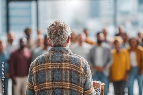 Elderly man holding a cane presenting to a multi-ethnic team, large screen behind, bright lighting, wide shot from behind.