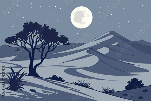 Nighttime desert with full moon and silver light vector illustration
