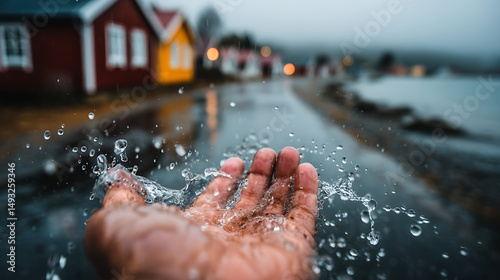 Cinematic First-Person Shot of Hand Reaching into the Rain in a Quiet Mountain Town – Emotional Moody Scene with Realistic Lighting and Dramatic Atmosphere