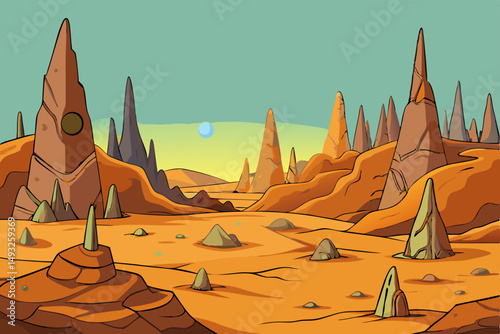 Rugged alien terrain with strange rock spires vector illustration