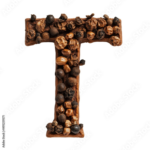 Creative letter T made of assorted whole spices and herbs with detailed texture on a white background