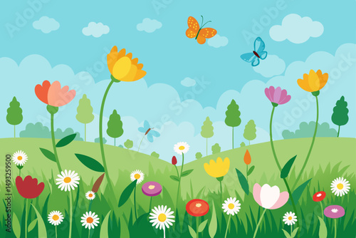 Wildflower meadow with butterflies fluttering vector illustration