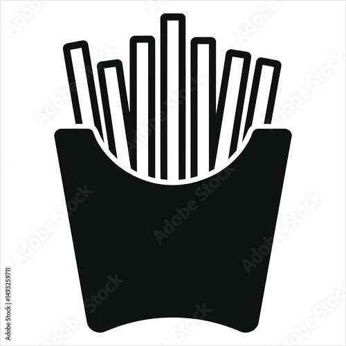 Simple vector silhouette of french fries in a container against a white background/A clean, minimalist silhouette illustration of french fries in a black cardboard container.