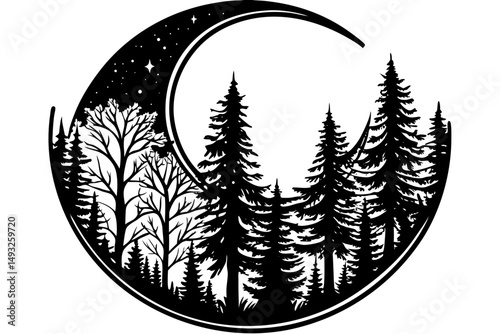 Crescent moon rising over misty forest vector illustration