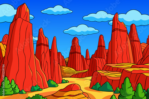 Towering red rock formations under blue sky vector illustration