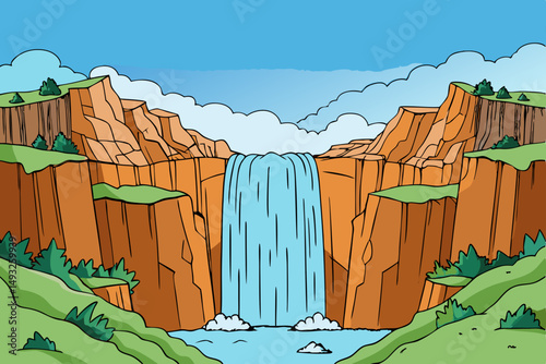 Powerful cascade plunging into rocky canyon vector illustration