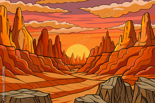 Sunset over rocky desert canyon with orange hues vector illustration