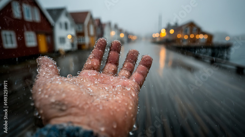 Cinematic First-Person Shot of Hand Reaching into the Rain in a Quiet Mountain Town – Emotional Moody Scene with Realistic Lighting and Dramatic Atmosphere