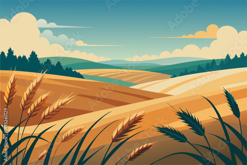 Vast wheat field swaying in summer breeze vector illustration