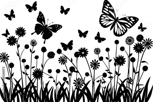 Wildflower meadow with fluttering butterflies vector illustration